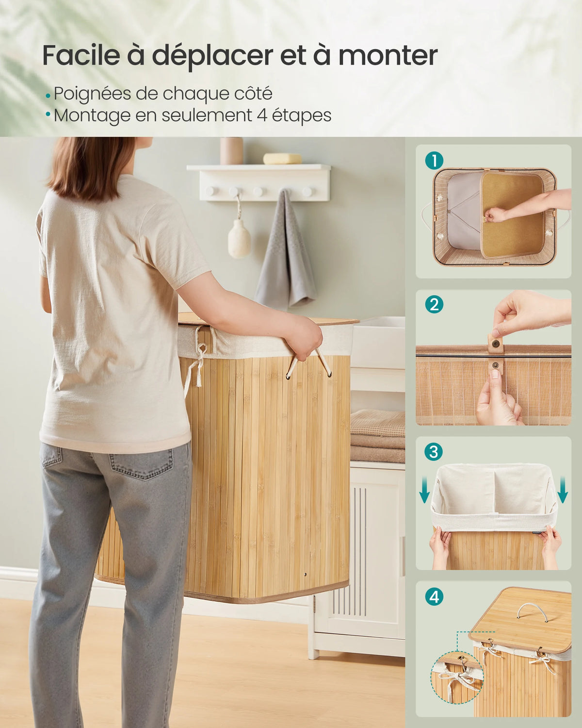 Panier à linge pliant en bambou, 2 compartiments