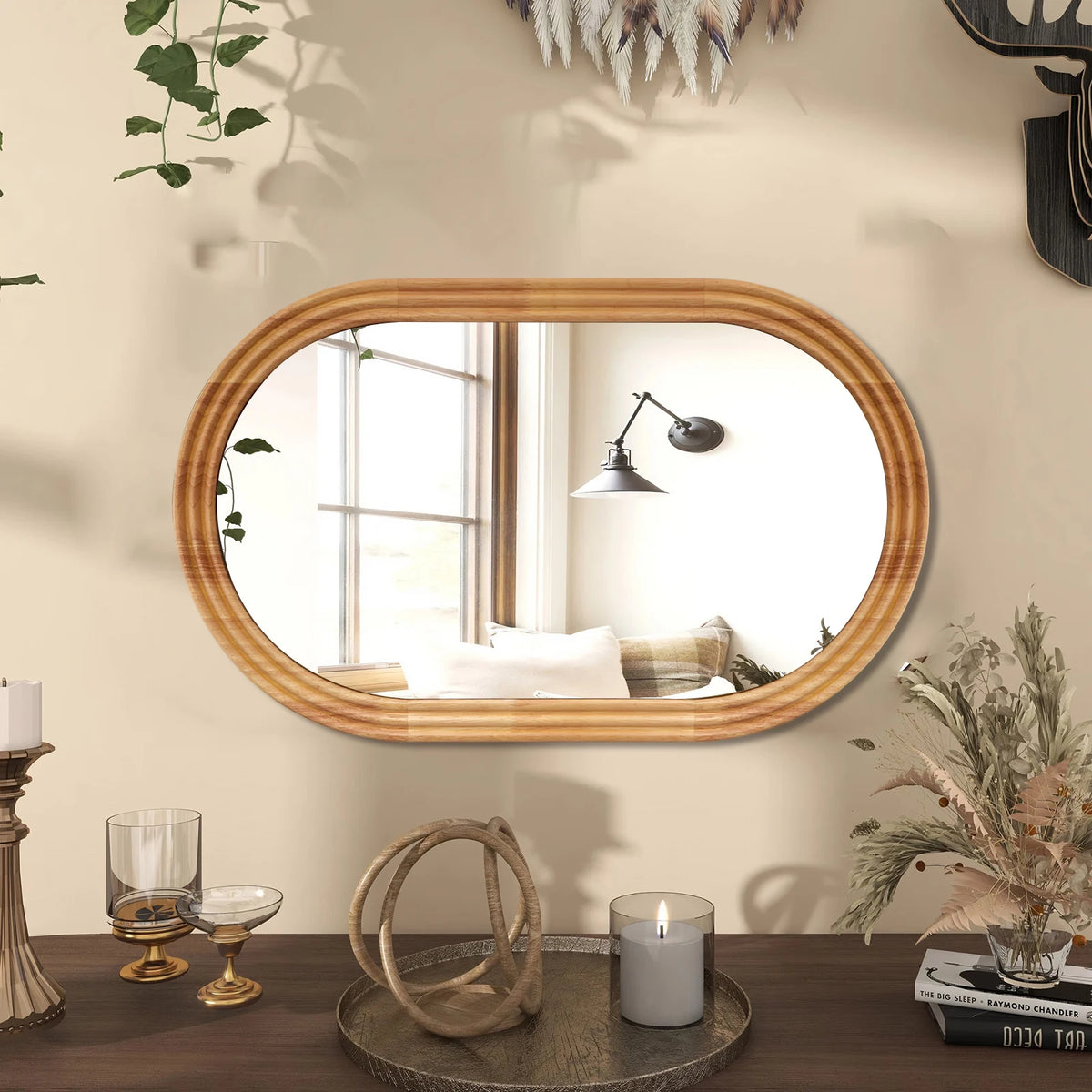 Miroir ovale à cadre bois, 50 × 80 cm