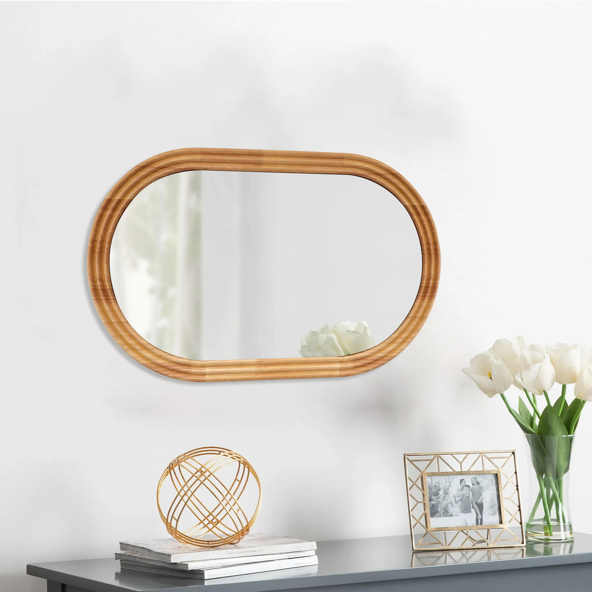 Miroir ovale à cadre bois, 50 × 80 cm