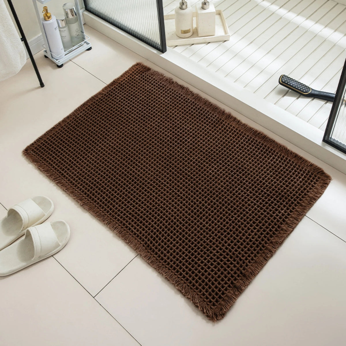 Tapis de bain nid d'abeille à franges