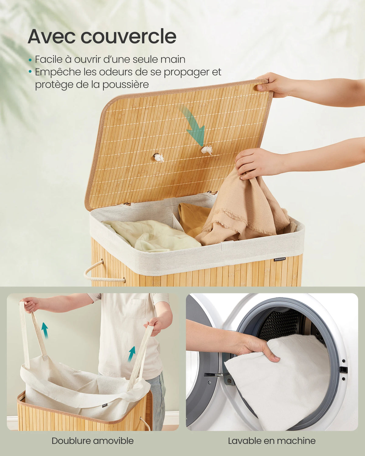 Panier à linge pliant en bambou, 2 compartiments