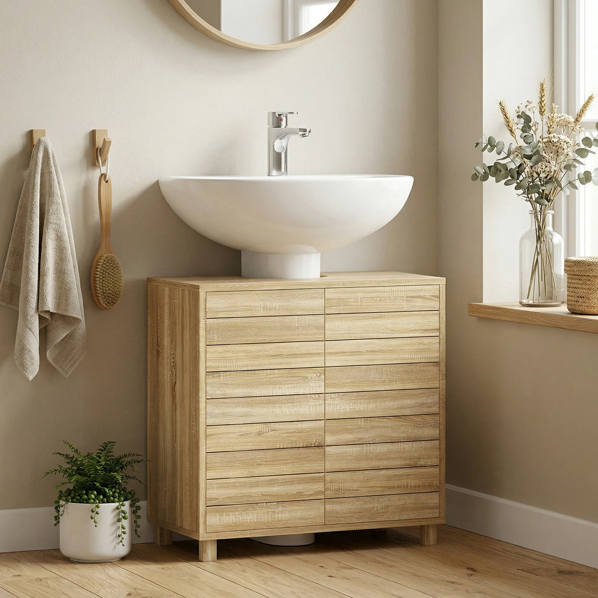 Meuble sous-vasque à lattes, bois naturel