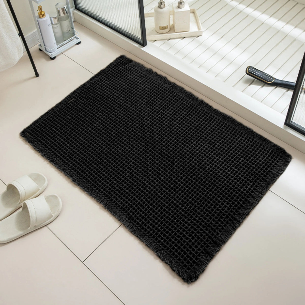 Tapis de bain nid d'abeille à franges