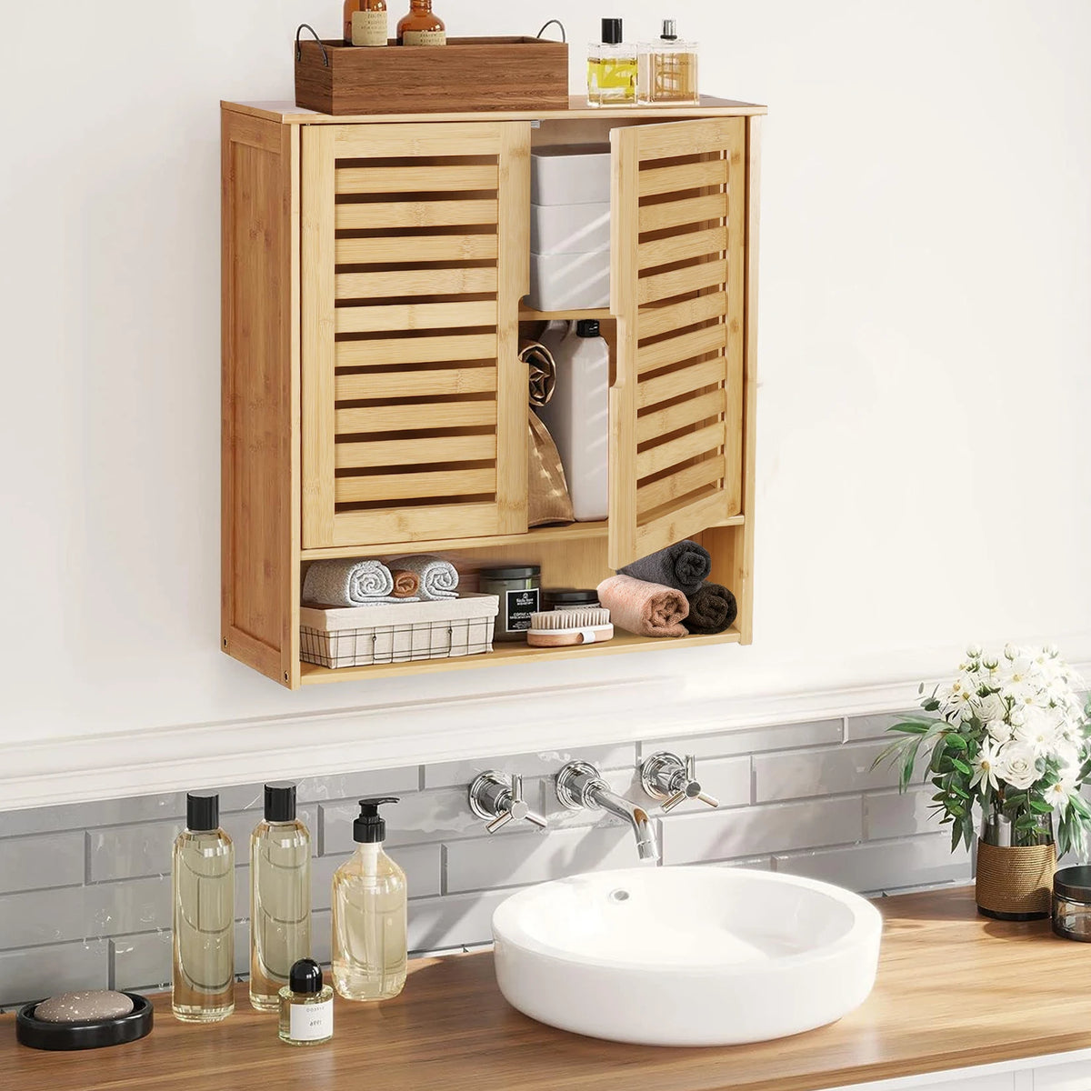 Armoire de toilette murale en bambou