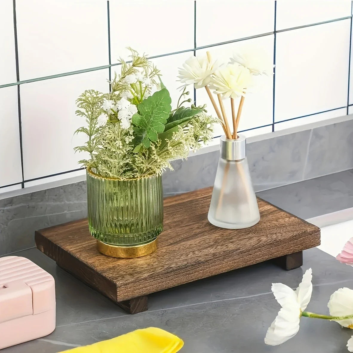 Plateau de vasque sur pied en bois