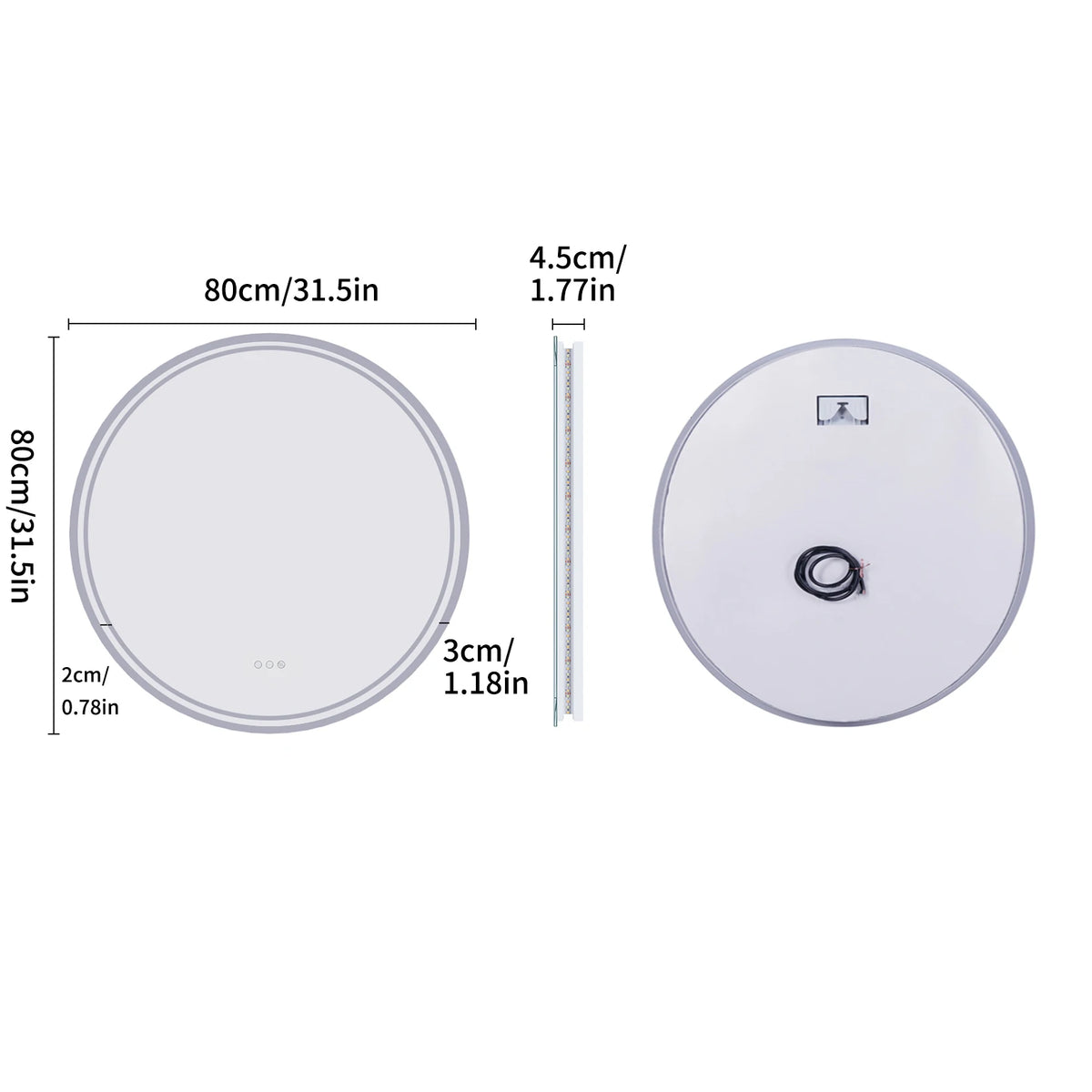 Miroir rond lumineux 80 cm, anti-buée