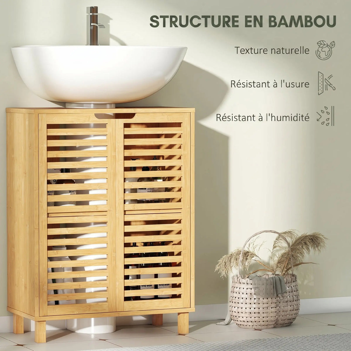Meuble sous-vasque en bambou, portes persiennes