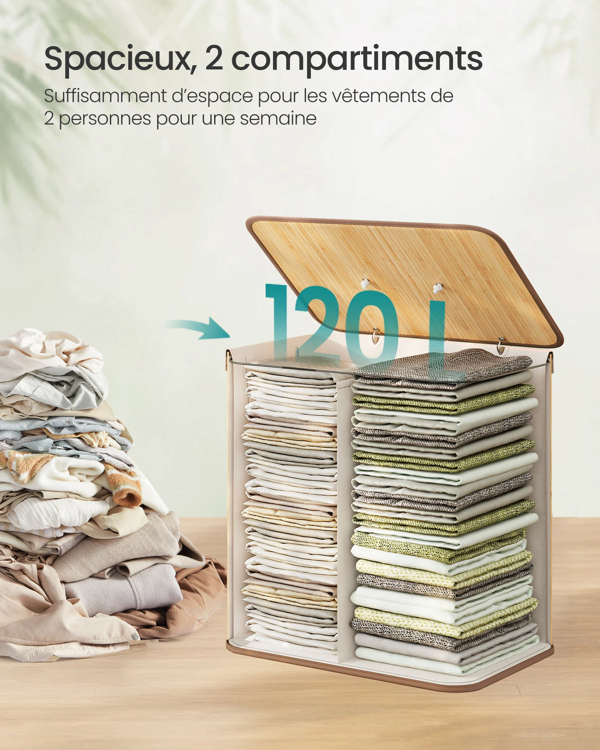 Panier à linge pliant en bambou, 2 compartiments