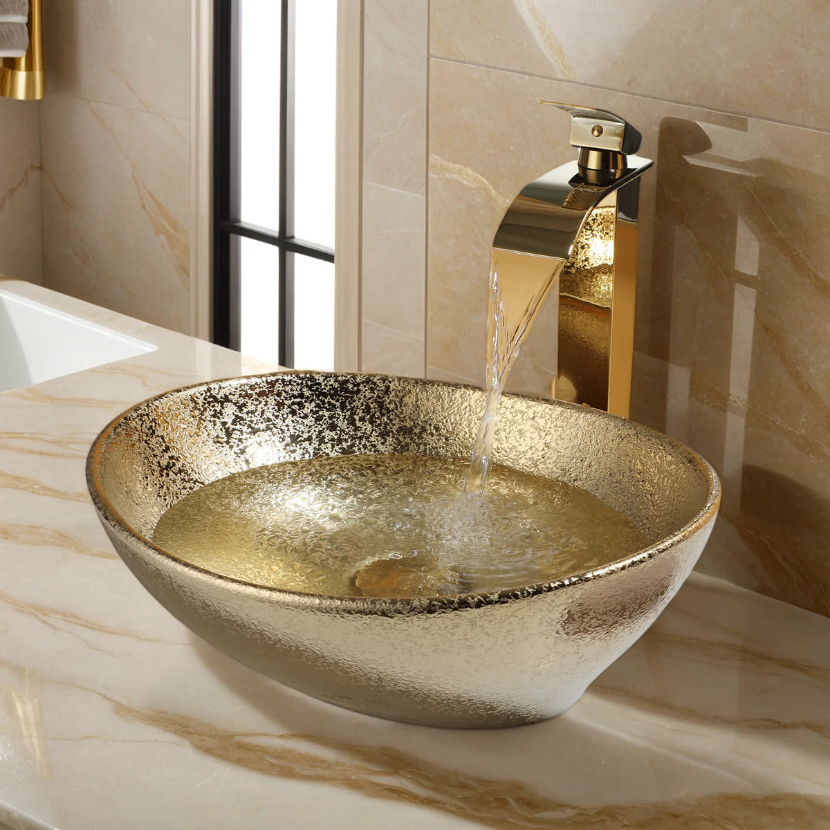 Vasque à poser ovale en céramique, effet marbre