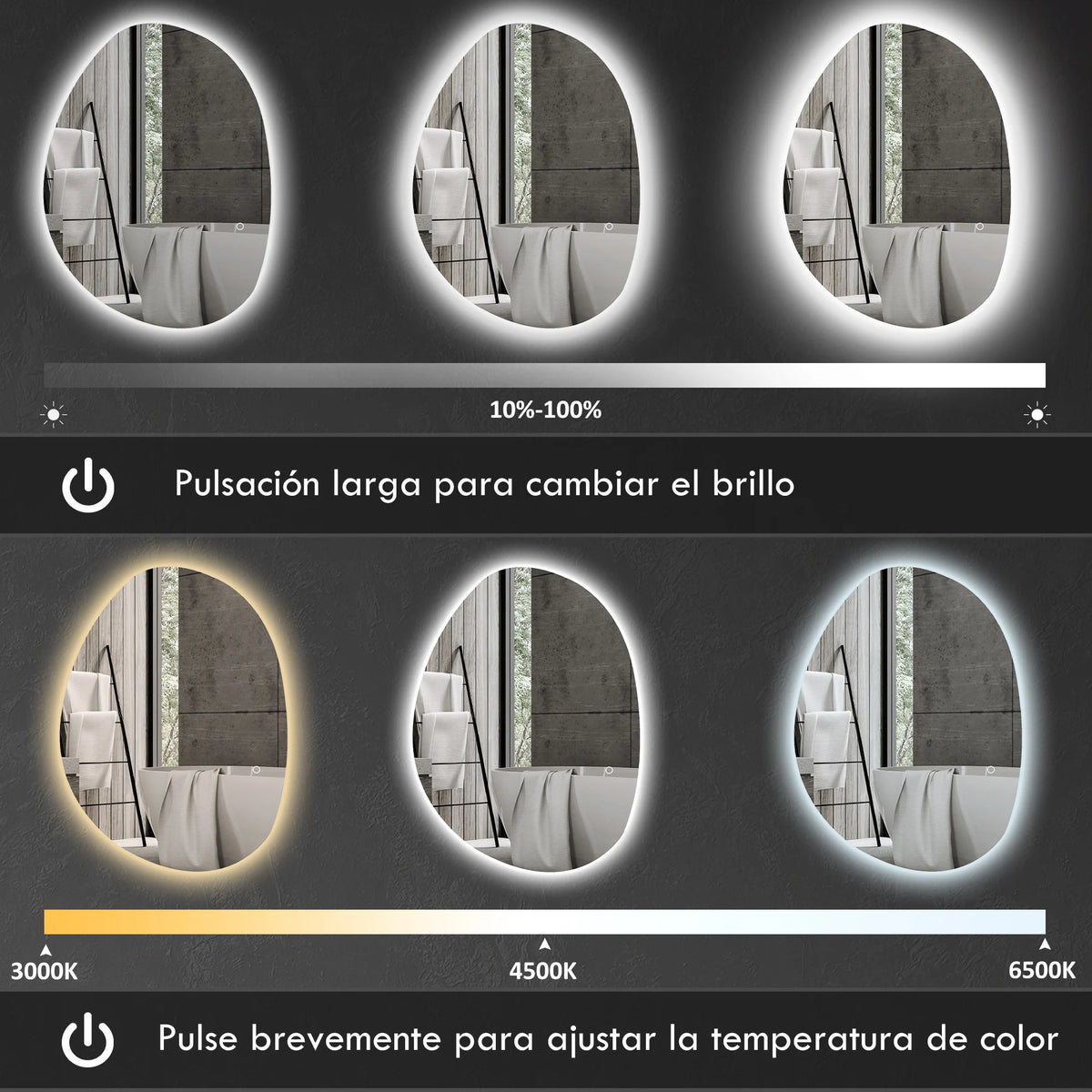 Miroir de salle de bain LED, 3 températures
