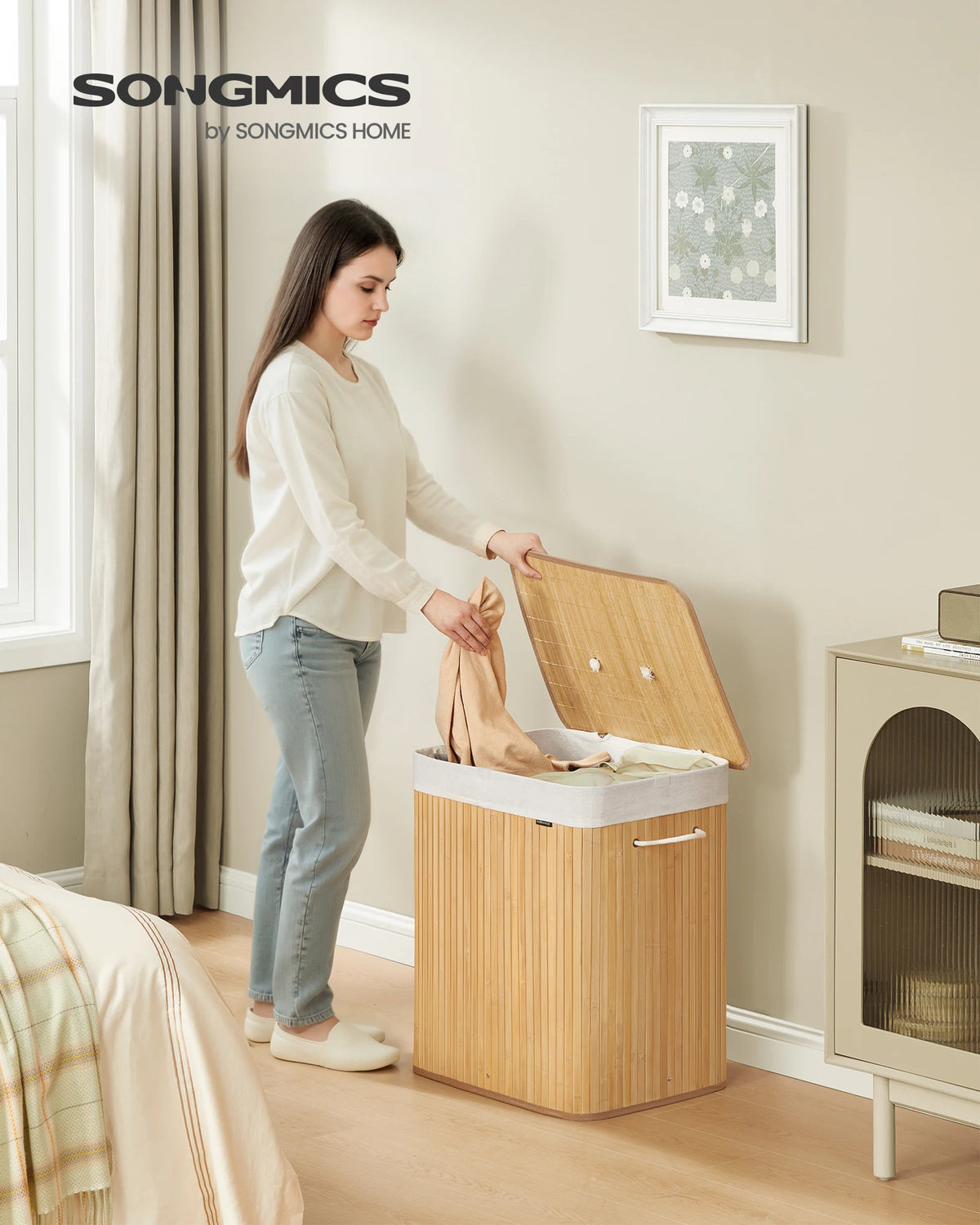Panier à linge pliant en bambou, 2 compartiments