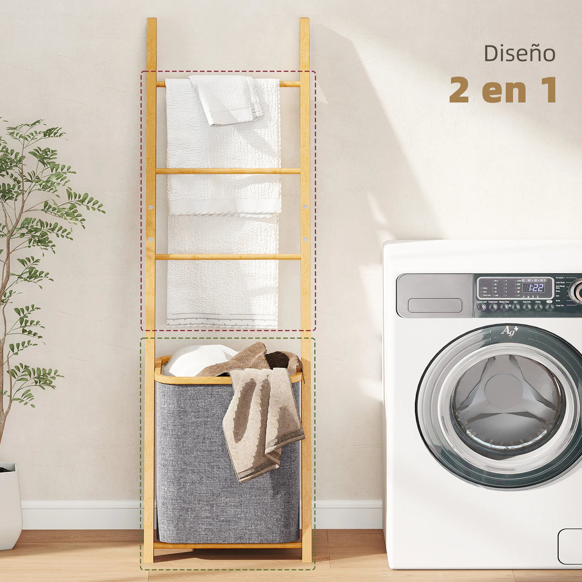 Étagère de salle de bain en bambou avec panier à linge