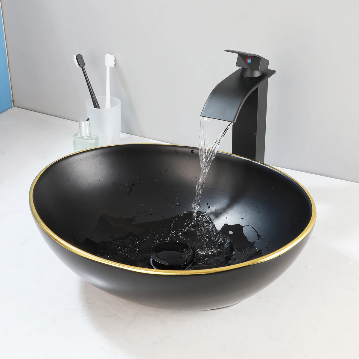 Vasque à poser ovale en céramique, effet marbre