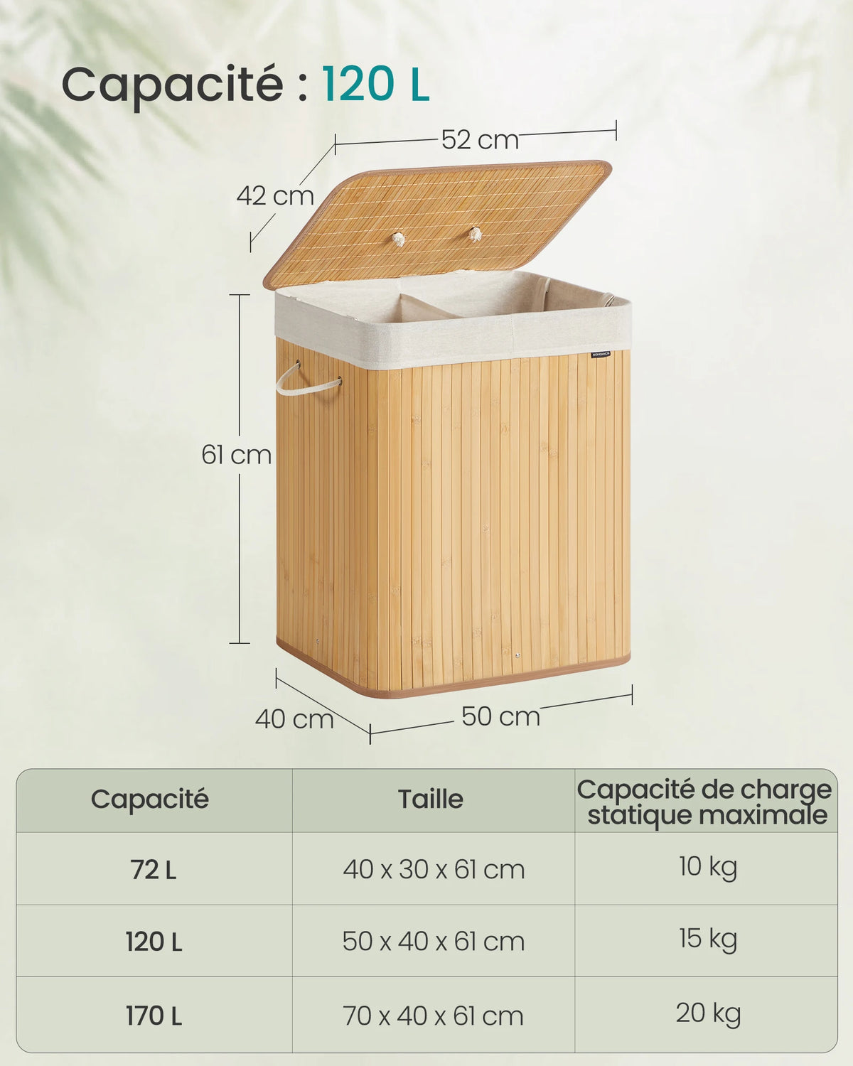Panier à linge pliant en bambou, 2 compartiments