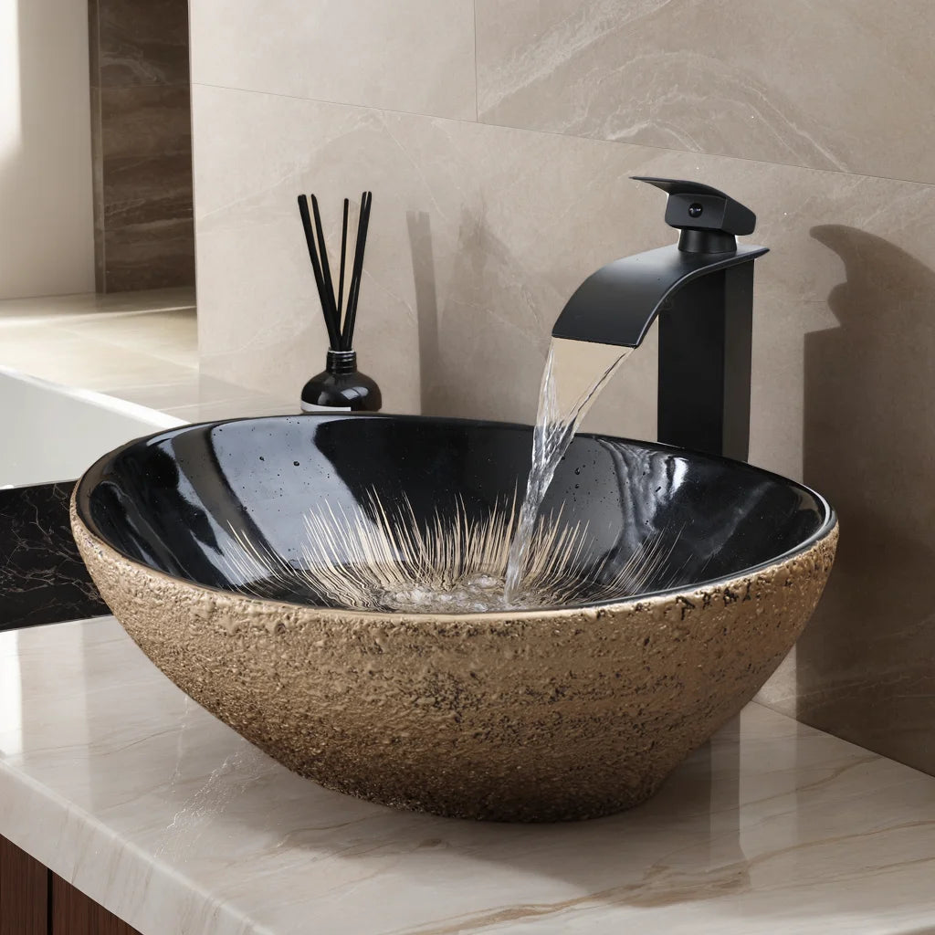 Vasque à poser ovale en céramique, effet marbre