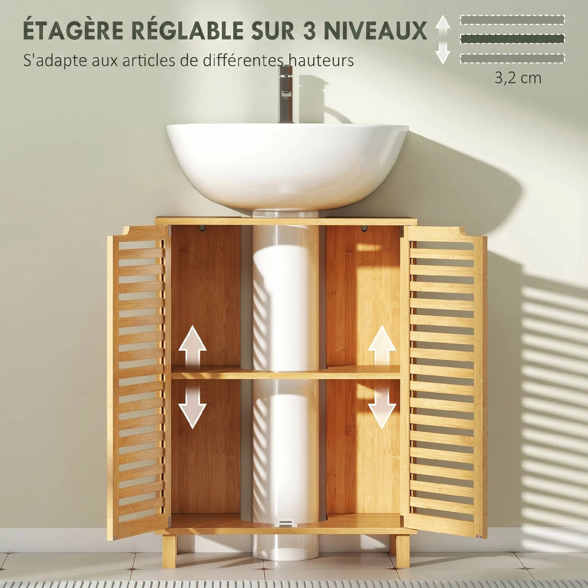 Meuble sous-vasque en bambou, portes persiennes