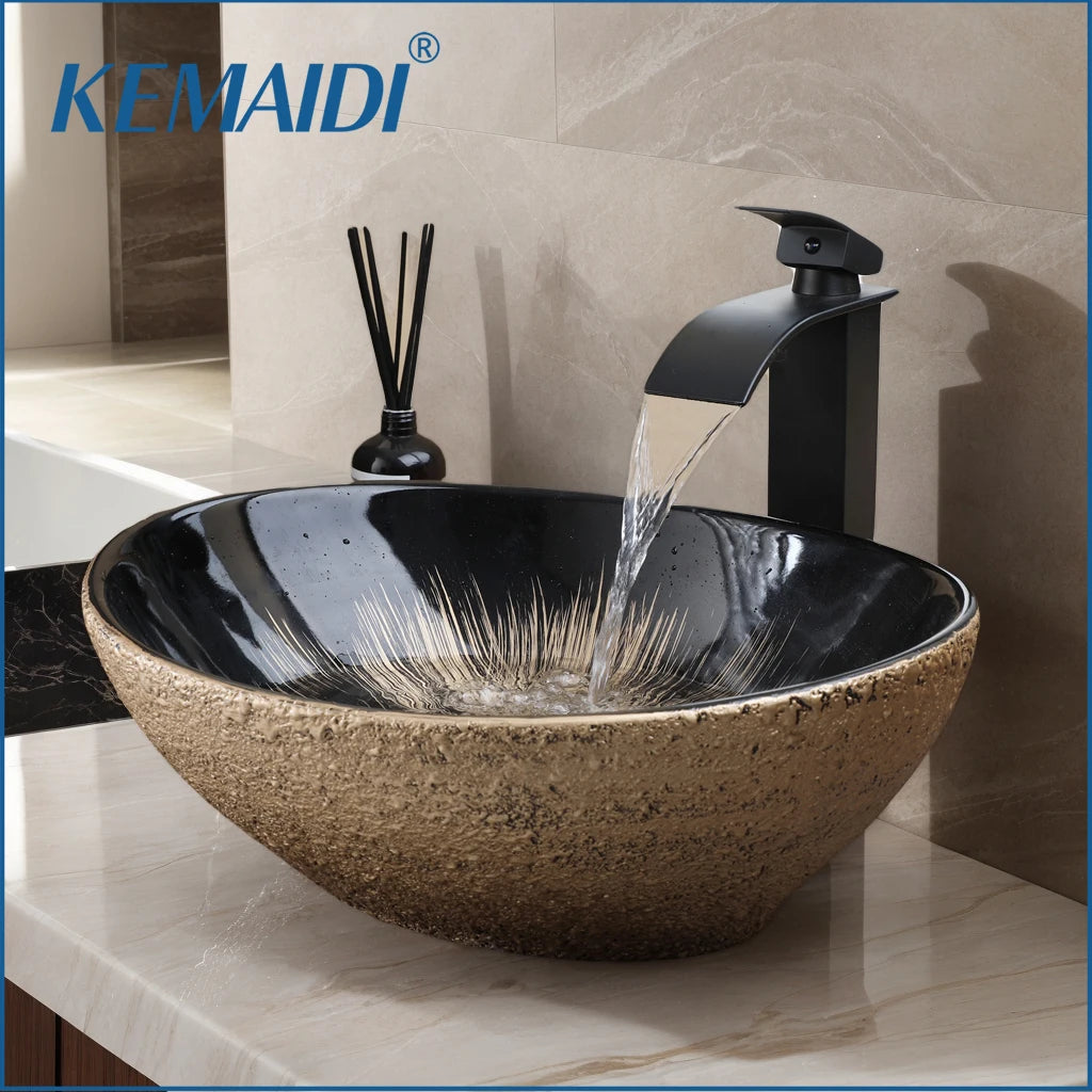 Vasque à poser ovale en céramique, effet marbre