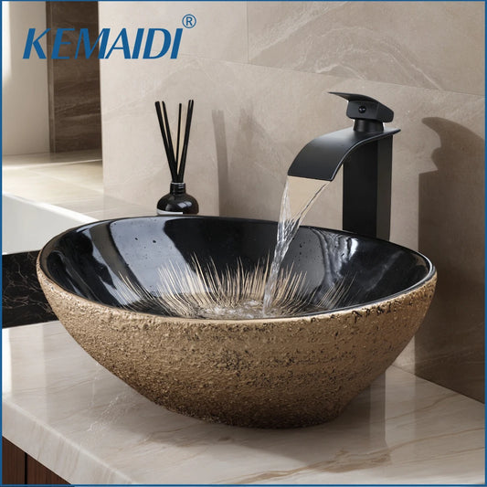 Vasque à poser ovale en céramique, effet marbre