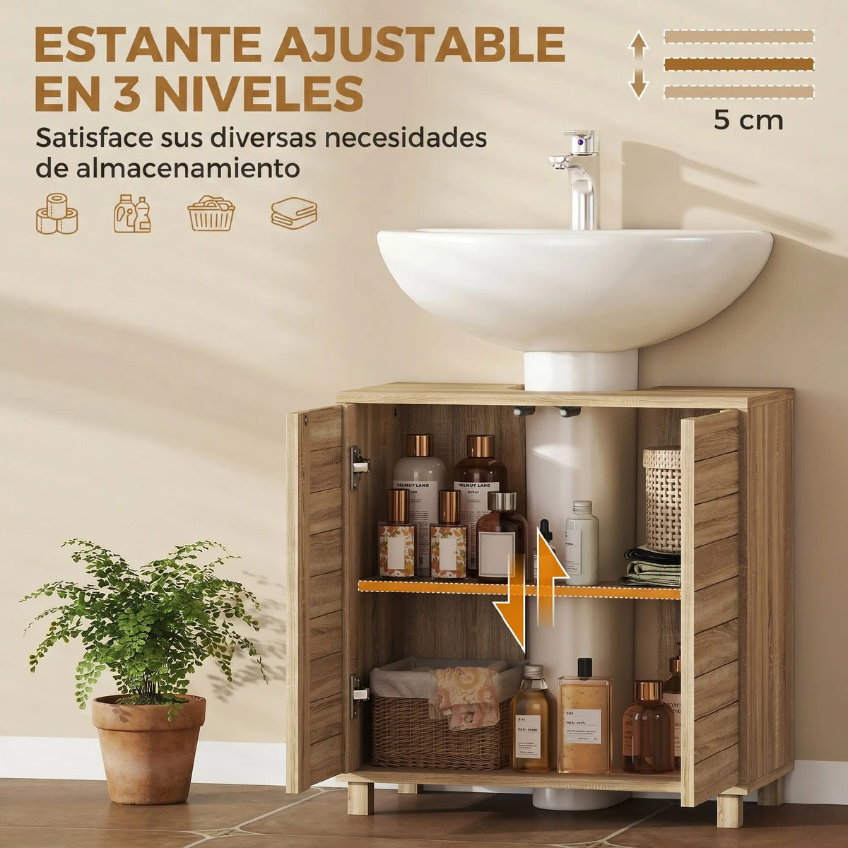 Meuble sous-vasque à lattes, bois naturel