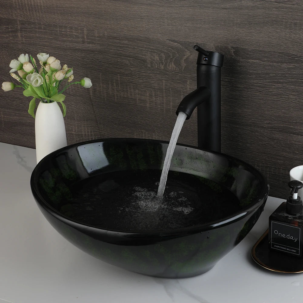 Vasque à poser ovale en céramique, effet marbre