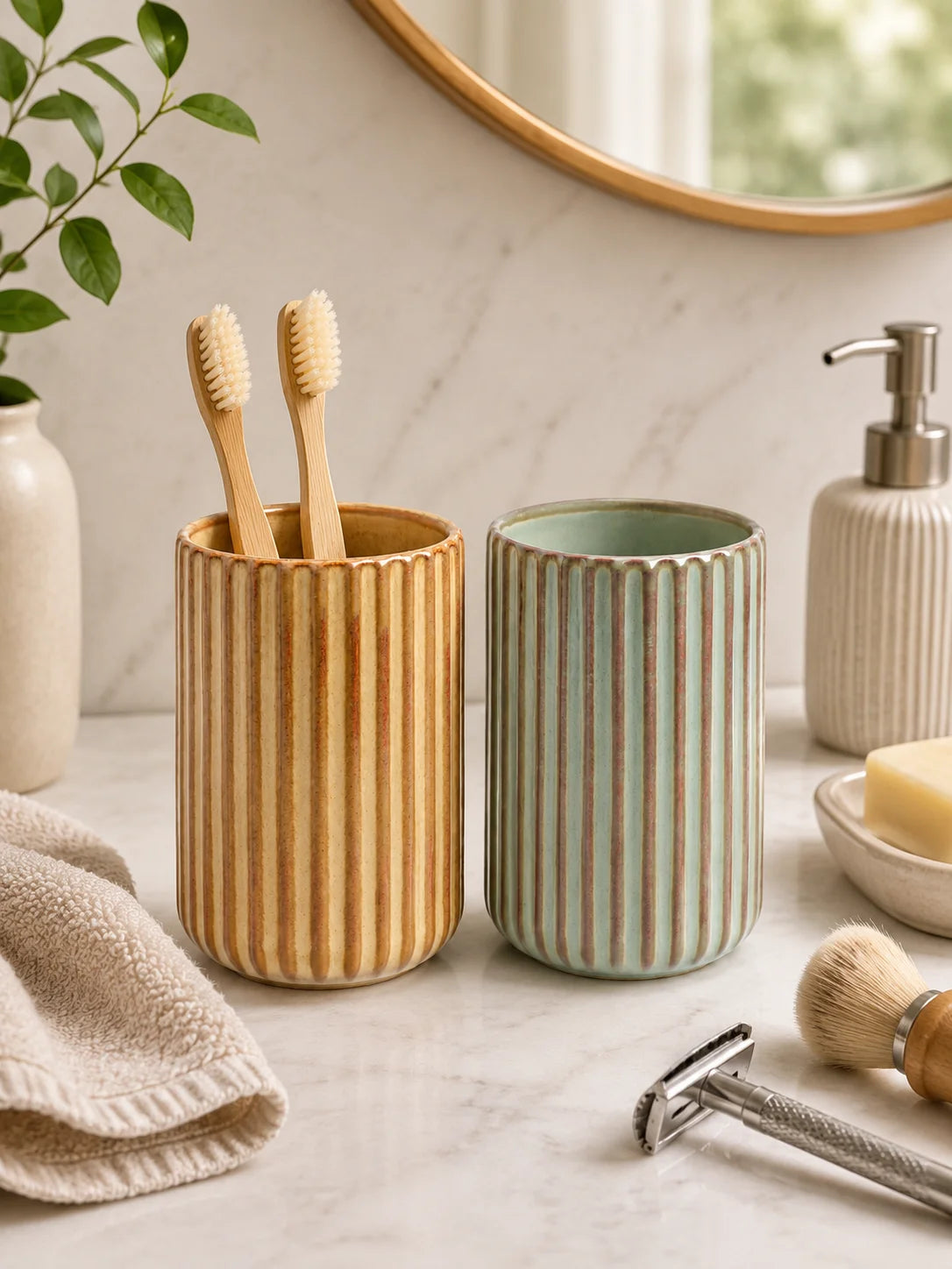 Porte-brosses à dents en céramique striée