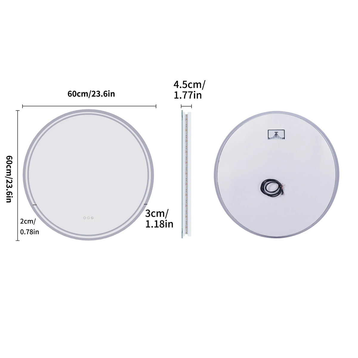 Miroir rond lumineux 80 cm, anti-buée